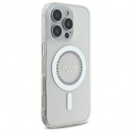 „Guess IML MagSafe“ dėklas su rhinestones elementais, skirtas „iPhone 16 Pro“ – baltas