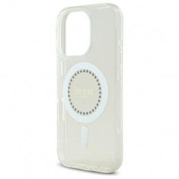 „Guess IML MagSafe“ dėklas su rhinestones elementais, skirtas „iPhone 16 Pro“ – baltas