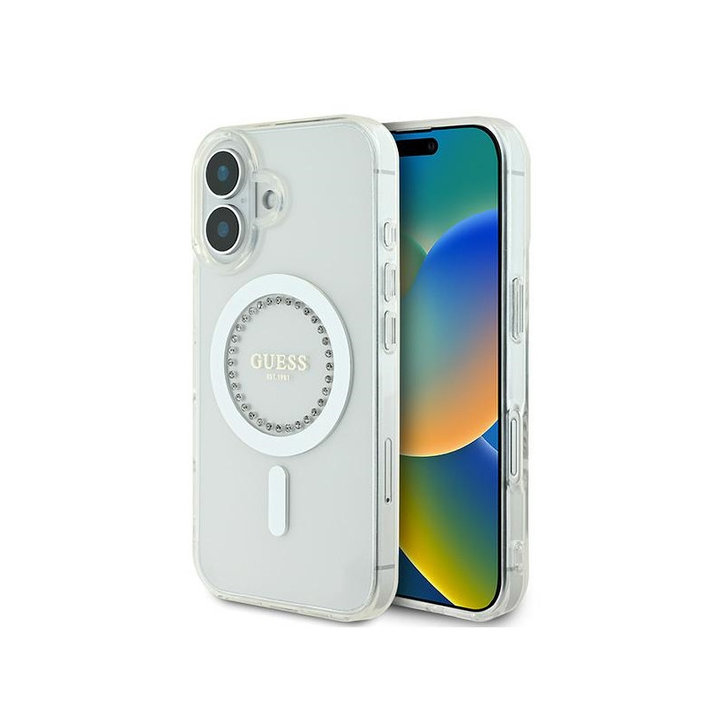 „Guess IML MagSafe“ dėklas su rhinestones elementais, skirtas „iPhone 16 Plus“ – baltas