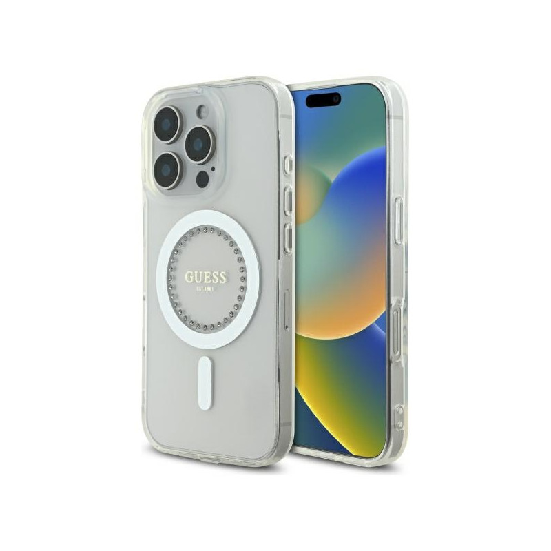 „Guess IML MagSafe“ dėklas su rhinestones elementais, skirtas „iPhone 16 Pro Max“ – baltas