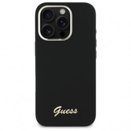 „Guess“ silikoninis metalinis logotipo ir rėmelio dėklas, skirtas „iPhone 16 Pro“ – juodas