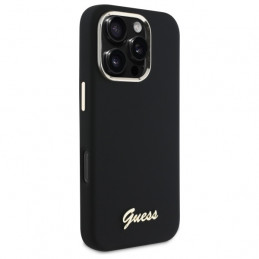 „Guess“ silikoninis metalinis logotipo ir rėmelio dėklas, skirtas „iPhone 16 Pro“ – juodas