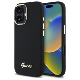 „Guess“ silikoninis metalinis logotipo ir rėmelio dėklas, skirtas iPhone 16 – juodas