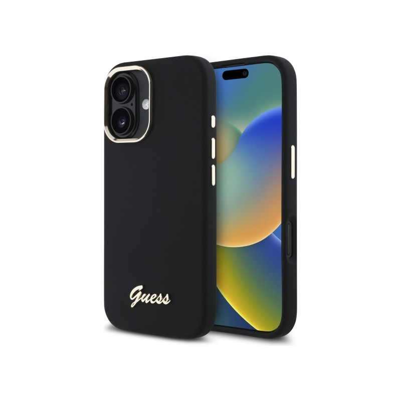 „Guess“ silikoninis metalinis logotipo ir rėmelio dėklas, skirtas iPhone 16 – juodas