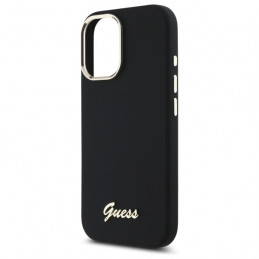 „Guess“ silikoninis metalinis logotipo ir rėmelio dėklas, skirtas iPhone 16 – juodas
