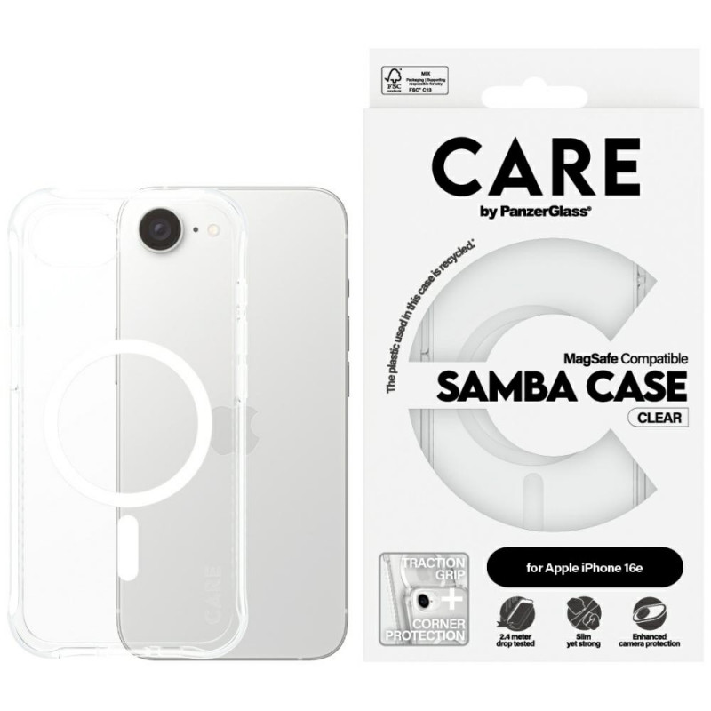 „CARE by PanzerGlass“ madingas „MagSafe“ dėklas, skirtas „iPhone 16e“ – permatomas