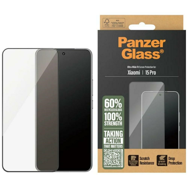 „PanzerGlass“ itin plataus tvirtinimo grūdintas stiklas su juodu rėmeliu, skirtas „Xiaomi 15 Pro“