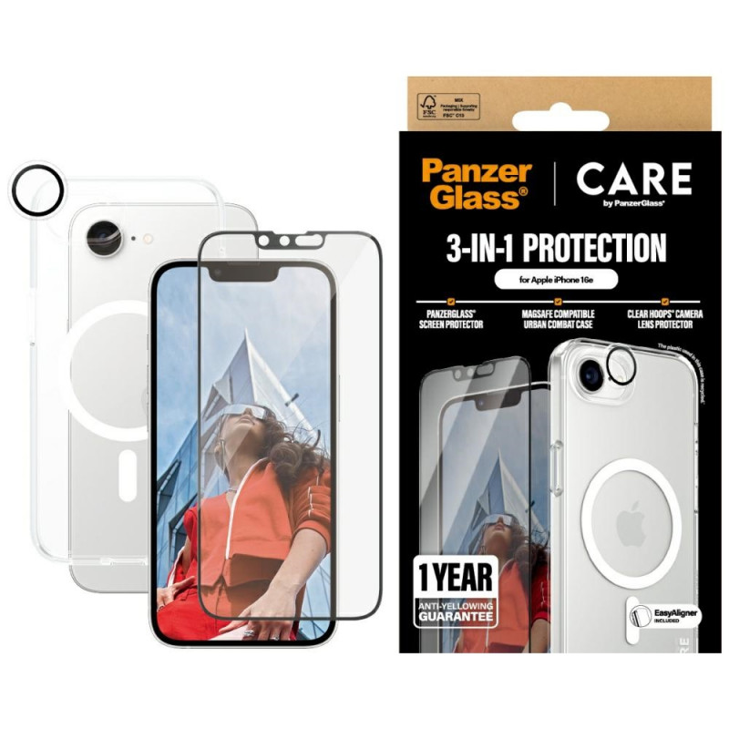 „CARE by PanzerGlass“ flagmaninis 3in1 dėklas + stiklas + objektyvas, skirtas „iPhone 16e“ – skaidrus