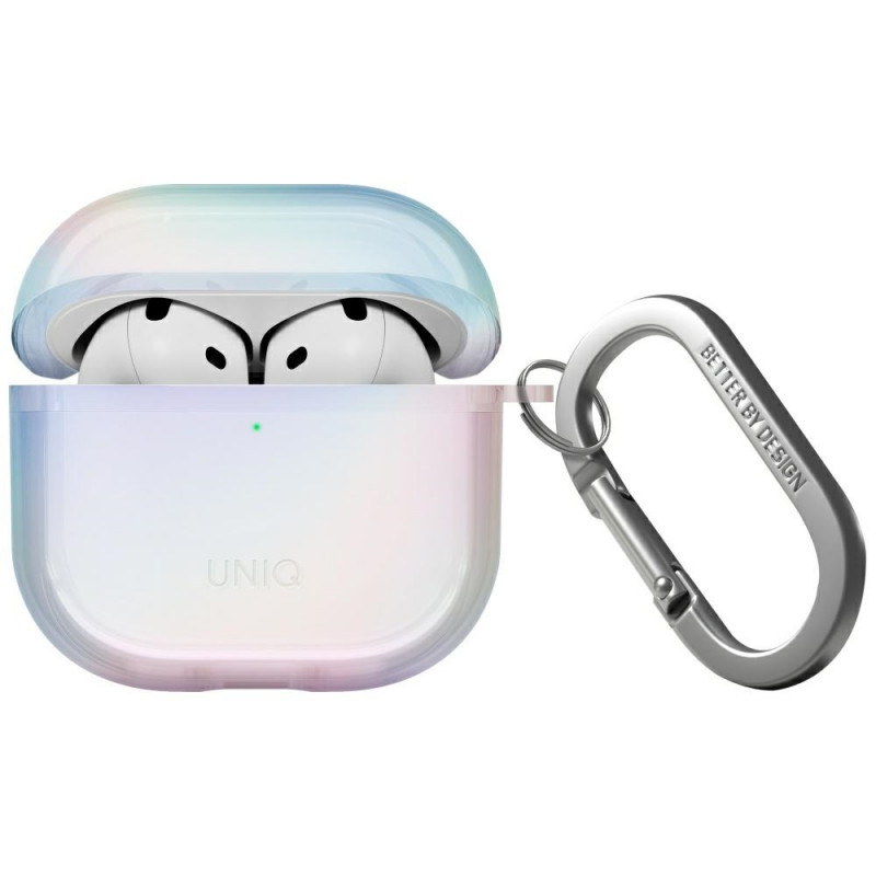 UNIQ Iridescia dėklas, skirtas AirPods 4 ausinėms, pakabinamas – holografinė balta spalva