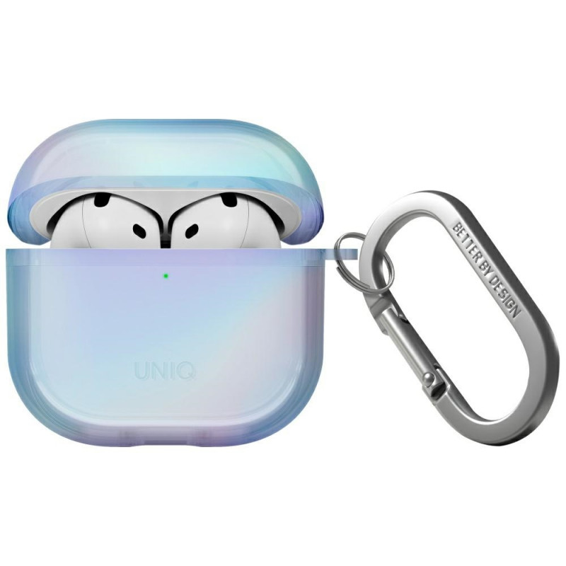UNIQ Iridescia dėklas, skirtas AirPods 4 ausinėms, pakabinamas – holografinės mėlynos spalvos