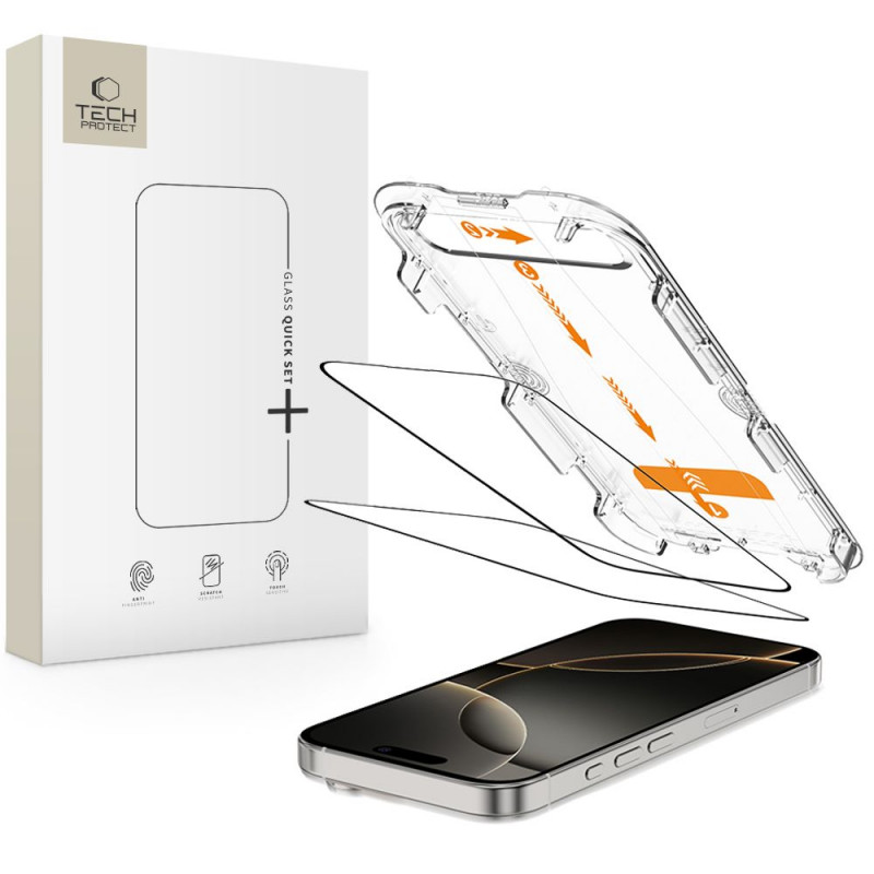 „Tech-Protect Quick Set+“ 2 grūdinto stiklo pakuotė, skirta „iPhone 16 Pro“