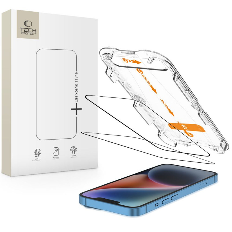 „Tech-Protect Quick Set+“ 2 grūdinto stiklo pakuotė, skirta „iPhone 13 / 13 PRO / 14 / 16e“
