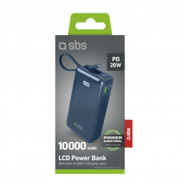 SBS 10000 mAh 20W išorinė baterija su integruotu USB-C laidu ir skaitmeniniu ekranu – tamsiai pilka