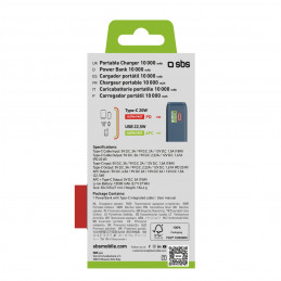 SBS 10000 mAh 20W išorinė baterija su integruotu USB-C laidu ir skaitmeniniu ekranu – tamsiai pilka
