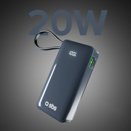 SBS 10000 mAh 20W išorinė baterija su integruotu USB-C laidu ir skaitmeniniu ekranu – tamsiai pilka