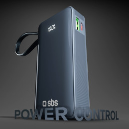 SBS 10000 mAh 20W išorinė baterija su integruotu USB-C laidu ir skaitmeniniu ekranu – tamsiai pilka