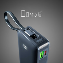 SBS 10000 mAh 20W išorinė baterija su integruotu USB-C laidu ir skaitmeniniu ekranu – tamsiai pilka