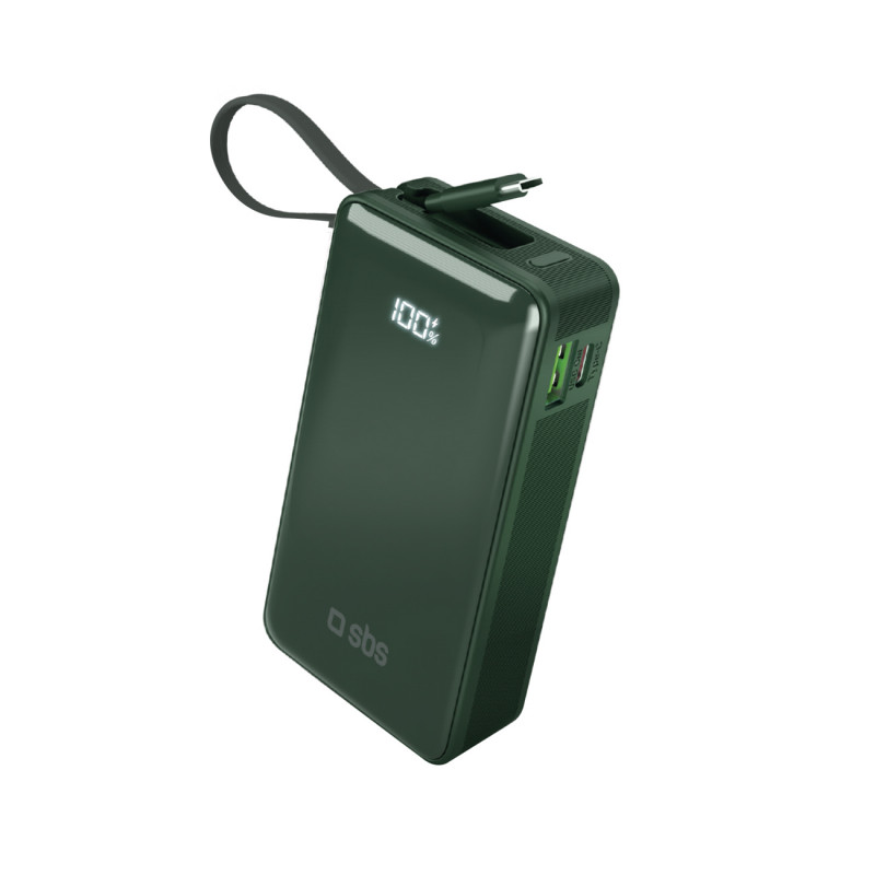 SBS 10000 mAh 20W išorinė baterija su integruotu USB-C laidu ir skaitmeniniu ekranu – žalia