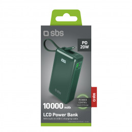SBS 10000 mAh 20W išorinė baterija su integruotu USB-C laidu ir skaitmeniniu ekranu – žalia