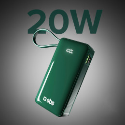 SBS 10000 mAh 20W išorinė baterija su integruotu USB-C laidu ir skaitmeniniu ekranu – žalia