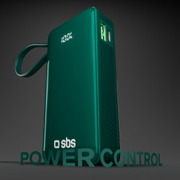 SBS 10000 mAh 20W išorinė baterija su integruotu USB-C laidu ir skaitmeniniu ekranu – žalia