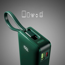 SBS 10000 mAh 20W išorinė baterija su integruotu USB-C laidu ir skaitmeniniu ekranu – žalia