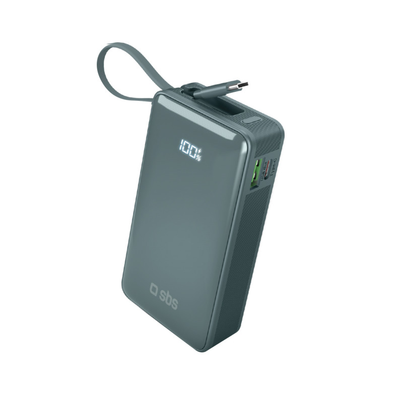 SBS 10000 mAh 20W išorinė baterija su integruotu USB-C laidu ir skaitmeniniu ekranu – pilka