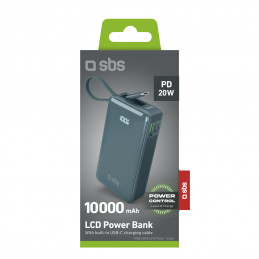 SBS 10000 mAh 20W išorinė baterija su integruotu USB-C laidu ir skaitmeniniu ekranu – pilka