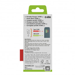 SBS 10000 mAh 20W išorinė baterija su integruotu USB-C laidu ir skaitmeniniu ekranu – pilka