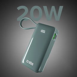 SBS 10000 mAh 20W išorinė baterija su integruotu USB-C laidu ir skaitmeniniu ekranu – pilka