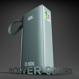 SBS 10000 mAh 20W išorinė baterija su integruotu USB-C laidu ir skaitmeniniu ekranu – pilka