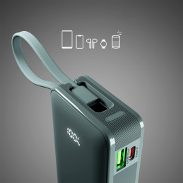 SBS 10000 mAh 20W išorinė baterija su integruotu USB-C laidu ir skaitmeniniu ekranu – pilka