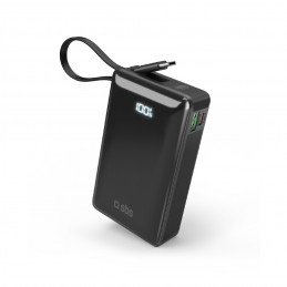 SBS 20000 mAh 20W išorinė baterija su integruotu USB-C laidu ir skaitmeniniu ekranu – juoda