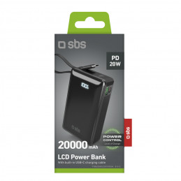 SBS 20000 mAh 20W išorinė baterija su integruotu USB-C laidu ir skaitmeniniu ekranu – juoda