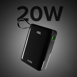 SBS 20000 mAh 20W išorinė baterija su integruotu USB-C laidu ir skaitmeniniu ekranu – juoda