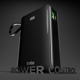 SBS 20000 mAh 20W išorinė baterija su integruotu USB-C laidu ir skaitmeniniu ekranu – juoda