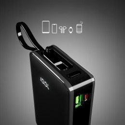 SBS 20000 mAh 20W išorinė baterija su integruotu USB-C laidu ir skaitmeniniu ekranu – juoda