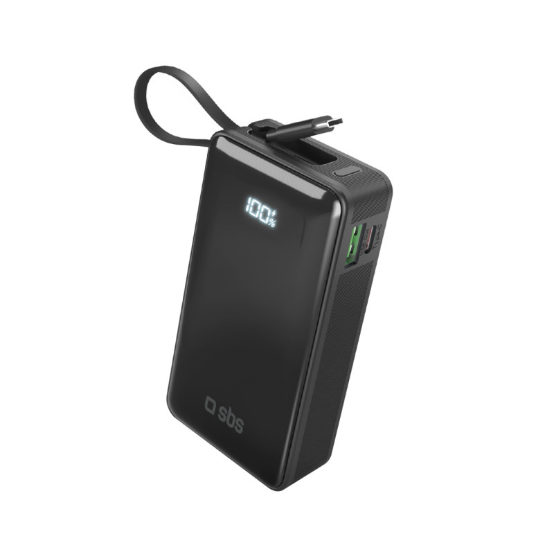 SBS 10000 mAh 20W išorinė baterija su integruotu USB-C laidu ir skaitmeniniu ekranu – juoda
