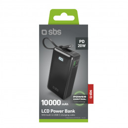 SBS 10000 mAh 20W išorinė baterija su integruotu USB-C laidu ir skaitmeniniu ekranu – juoda