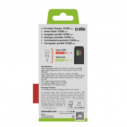 SBS 10000 mAh 20W išorinė baterija su integruotu USB-C laidu ir skaitmeniniu ekranu – juoda