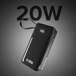 SBS 10000 mAh 20W išorinė baterija su integruotu USB-C laidu ir skaitmeniniu ekranu – juoda