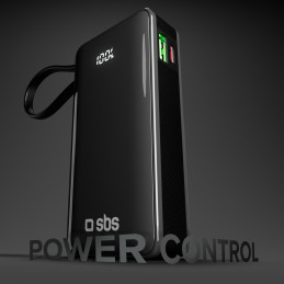 SBS 10000 mAh 20W išorinė baterija su integruotu USB-C laidu ir skaitmeniniu ekranu – juoda