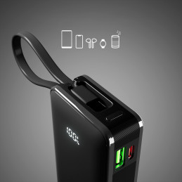 SBS 10000 mAh 20W išorinė baterija su integruotu USB-C laidu ir skaitmeniniu ekranu – juoda
