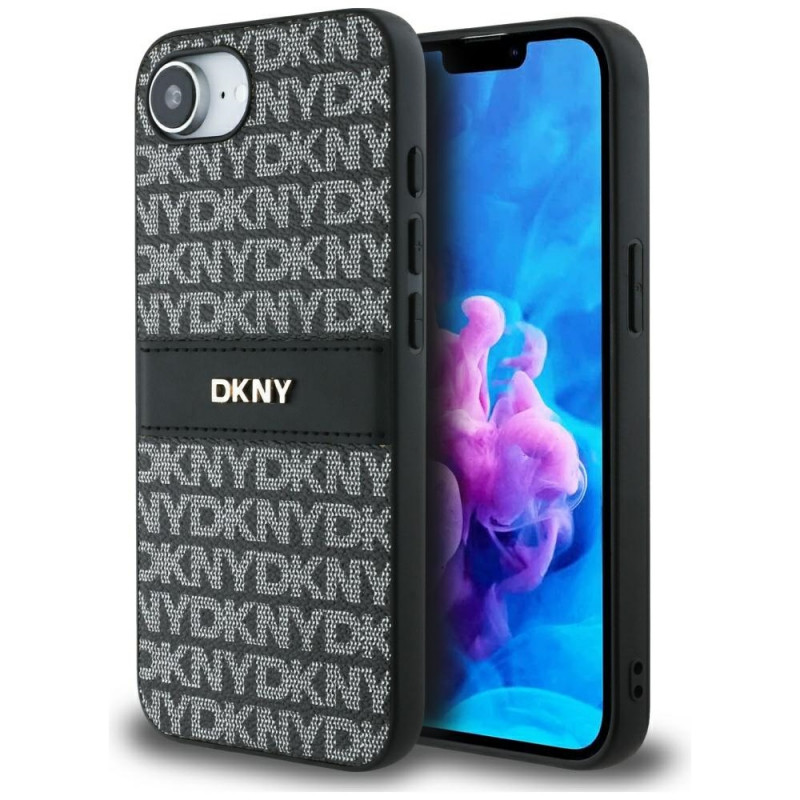 DKNY iPhone 16e dėklas su tekstūros raštu ir toninėmis juostelėmis – juodas