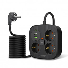 „Tech-Protect PCS3X4“ maitinimo lizdas, 3 lizdai, 2xUSB-A, 2xUSB-C, 200 cm - juodas