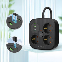 „Tech-Protect PCS3X4“ maitinimo lizdas, 3 lizdai, 2xUSB-A, 2xUSB-C, 200 cm - juodas