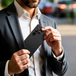NUOSTABUS minimalaus dizaino oro dėklas su magnetiniu žiedu, skirtas „Samsung Galaxy S25 Ultra“ – juodas