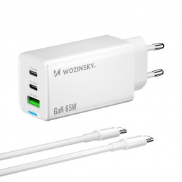 „Wozinsky GaN“ 65 W įkroviklis su USB-A ir 2 USB-C prievadais bei 65 W USB-C laidu – baltas