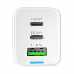 „Wozinsky GaN“ 65 W įkroviklis su USB-A ir 2 USB-C prievadais bei 65 W USB-C laidu – baltas