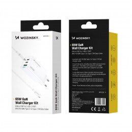 „Wozinsky GaN“ 65 W įkroviklis su USB-A ir 2 USB-C prievadais bei 65 W USB-C laidu – baltas